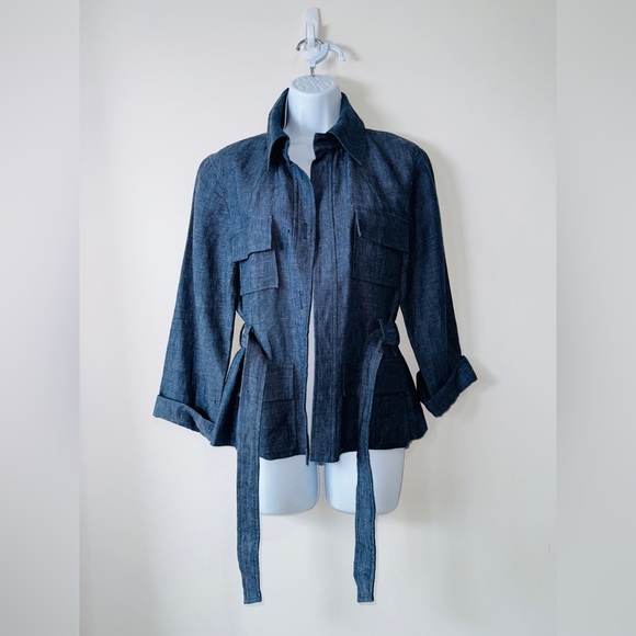 Kenneth Cole New York Denim Linen Utility Belted Jacket w Pockets Size 6 - Picture 2 of 9